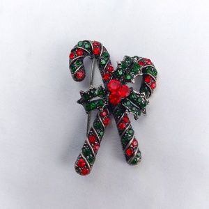Candy Cane Red Green Rhinestone Christmas Holiday Theme Brooch Pin Accessory